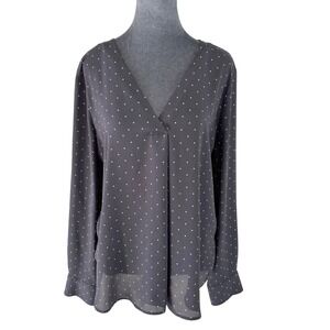 Ann Taylor Office Polka Dot V-Neck Blouse Black White Long Sleeve Size L 513578